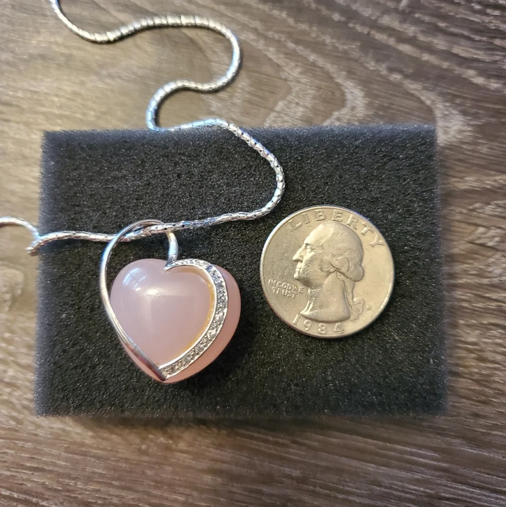 Silver tone Pink Heart Necklace and Hoop Earrings